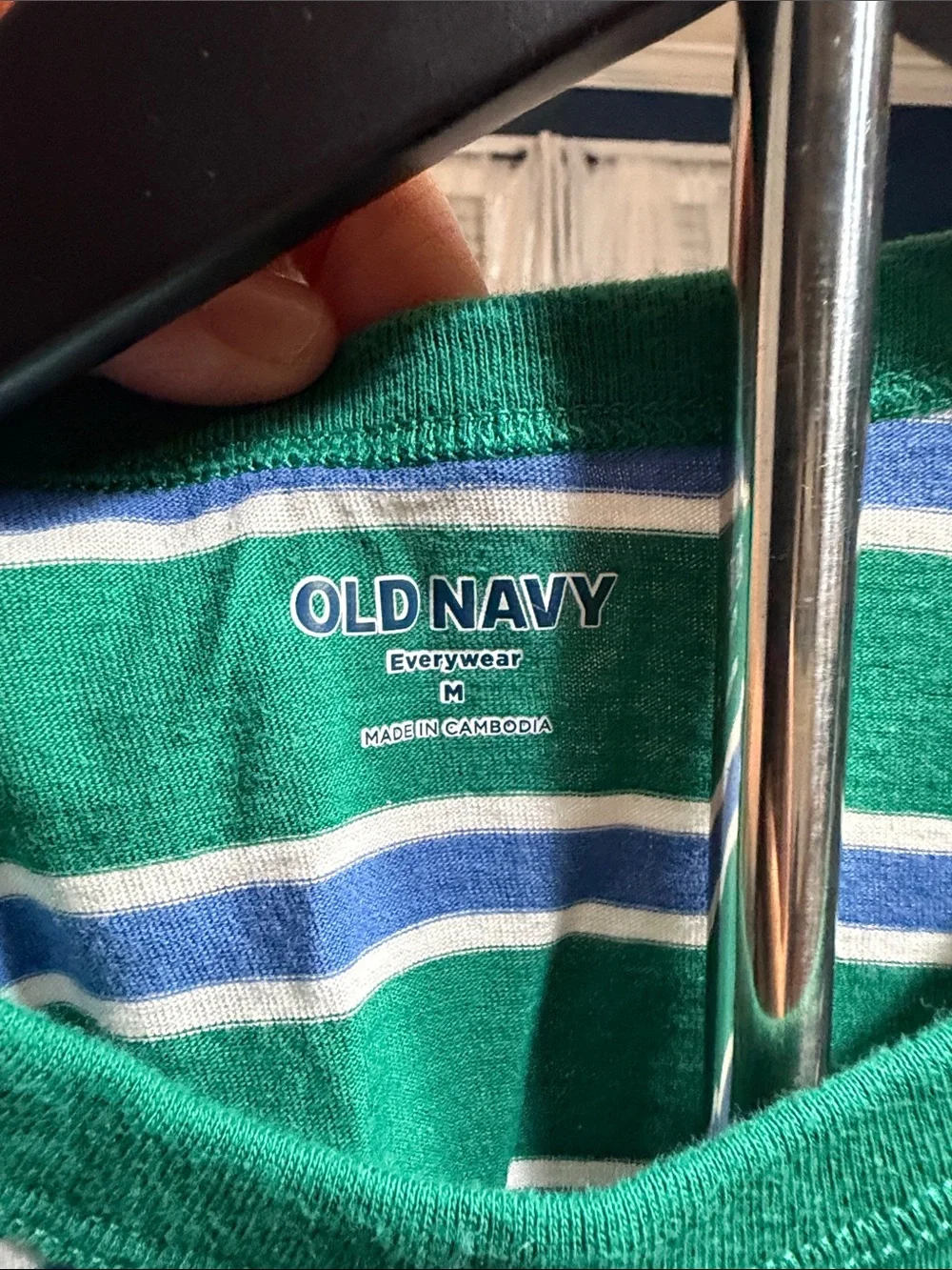 Old Navy Green Striped Short Sleeve Tee with Blue and White Accents